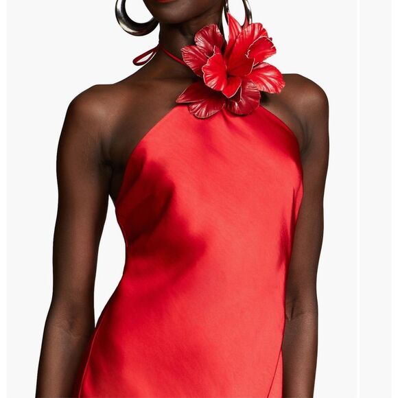 Halston Joellen Floral Detail Asymmetric Crushed Satin Halter Dress size 4 NWT - Picture 4 of 8